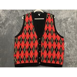 VTG Christmas Sweater Vest Woman 2X Red Blk Gold Sparkle Argyle Grandpa Core USA